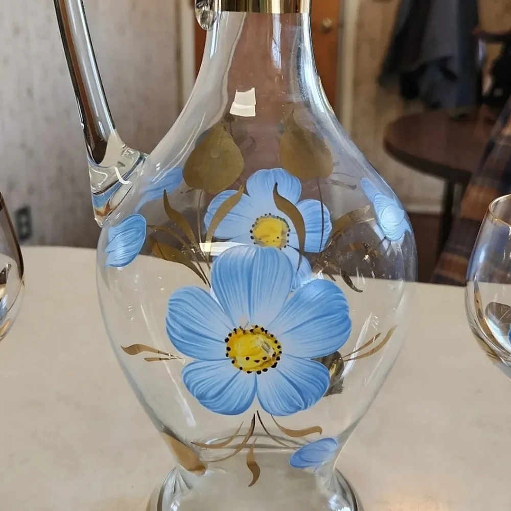 Vtg Romanian Glass Decanter Set 6 Wine Glasses Hand Painted Blue Floral Gold Rim